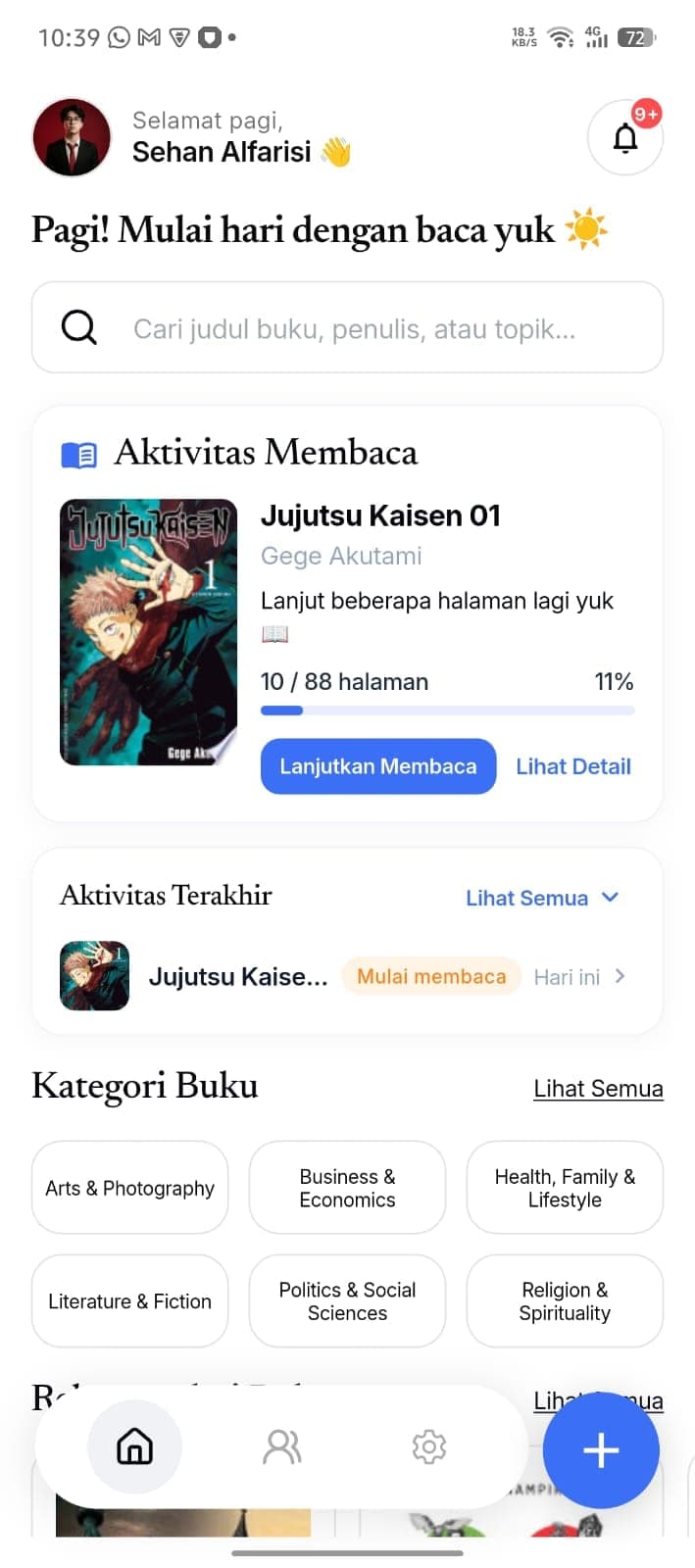 Beranda BookMate dengan kartu Aktivitas Membaca dan progres halaman.