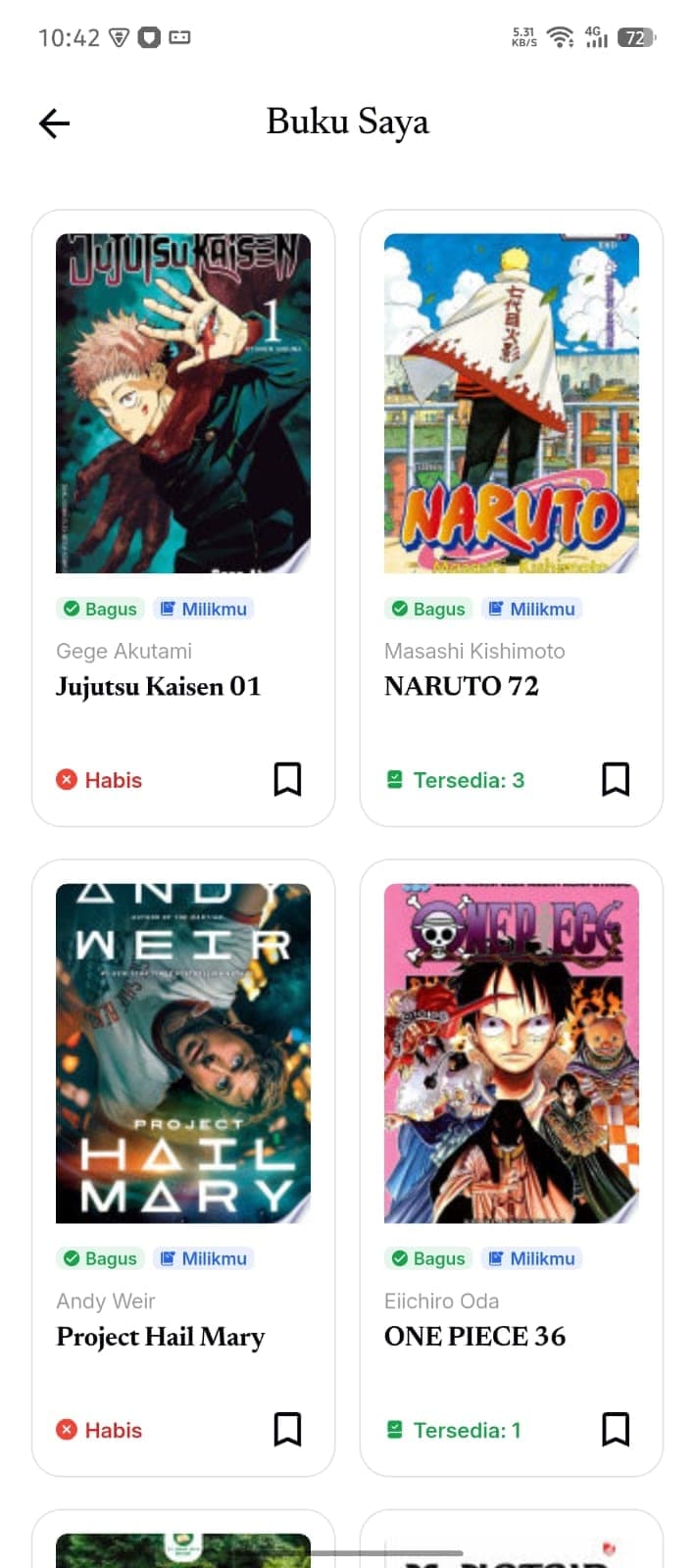 Rak Buku Saya di BookMate berisi kartu buku dengan status ketersediaan.
