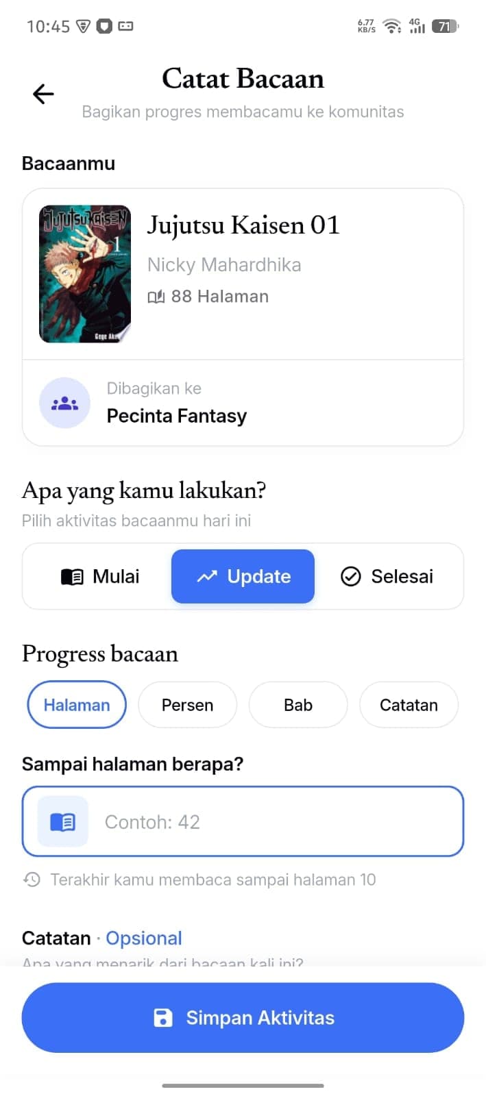 Layar Catat Bacaan: pilih Mulai, Update, atau Selesai, lalu isi progres per halaman, persen, bab, atau catatan.