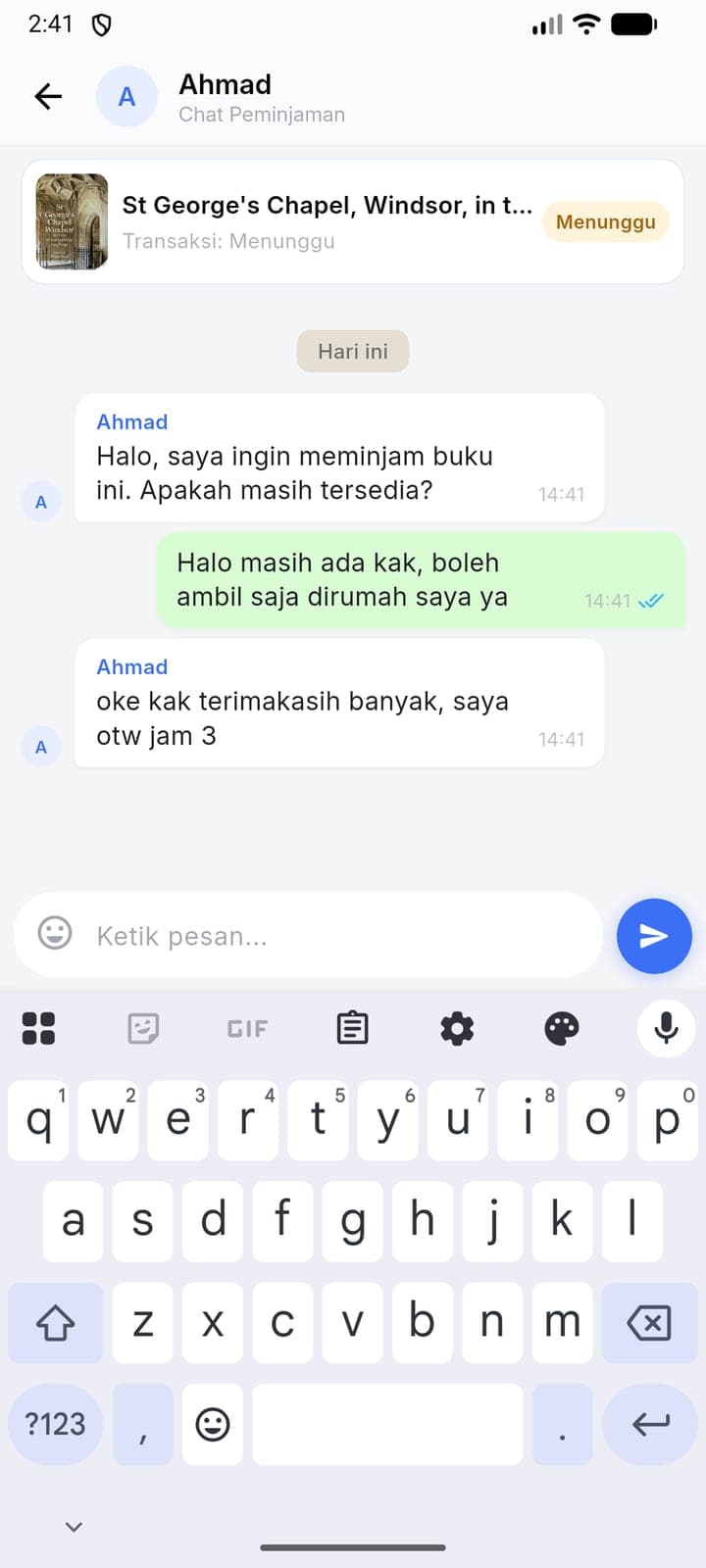 Ruang obrolan peminjaman buku antara peminjam dan pemilik buku.