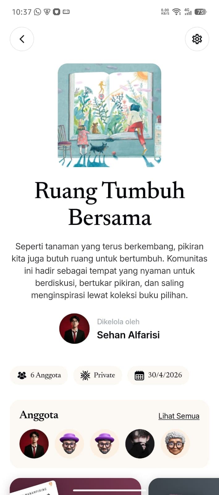 Halaman komunitas Ruang Tumbuh Bersama dengan deskripsi, pengelola, dan jumlah anggota.
